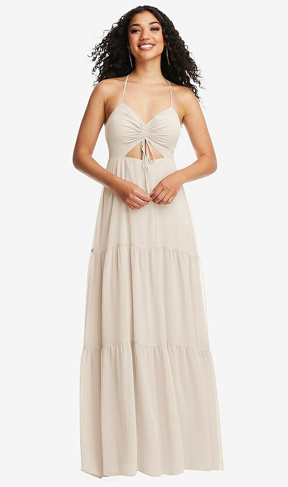 Front View - Oat Drawstring Bodice Gathered Tie Open-Back Maxi Dress with Tiered Skirt