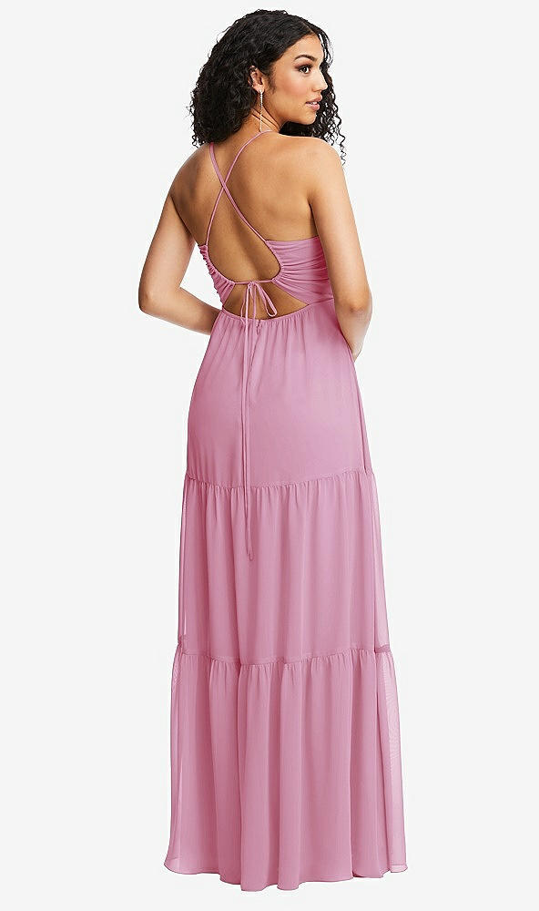 Back View - Powder Pink Drawstring Bodice Gathered Tie Open-Back Maxi Dress with Tiered Skirt