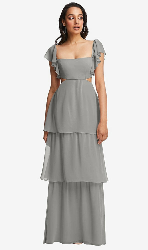 Front View - Chelsea Gray Flutter Sleeve Cutout Tie-Back Maxi Dress with Tiered Ruffle Skirt