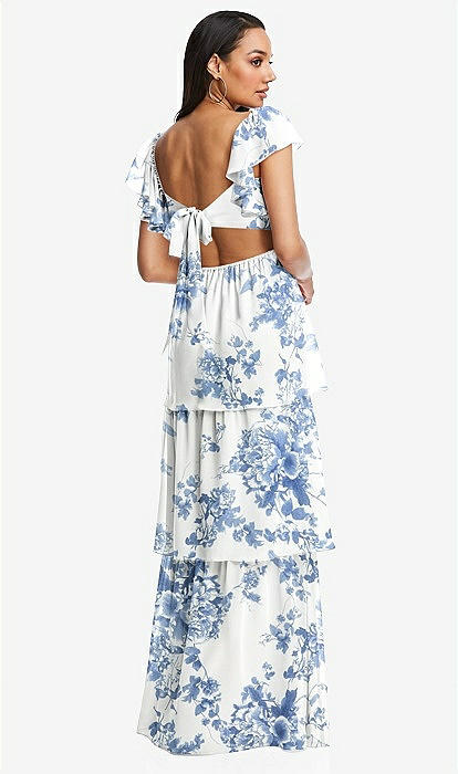 Flutter Sleeve Cutout Tie-Back Maxi Dress with Tiered Ruffle Skirt