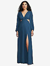 Front View Thumbnail - Dusk Blue Long Puff Sleeve Cutout Waist Chiffon Maxi Dress 