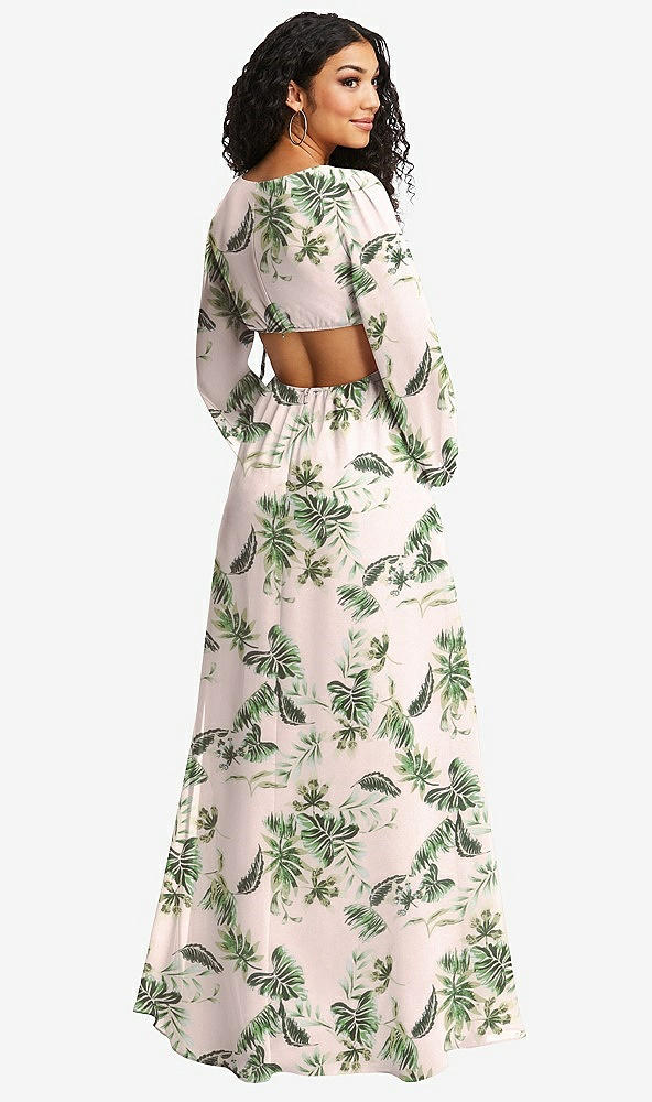 Back View - Palm Beach Print Long Puff Sleeve Cutout Waist Chiffon Maxi Dress 