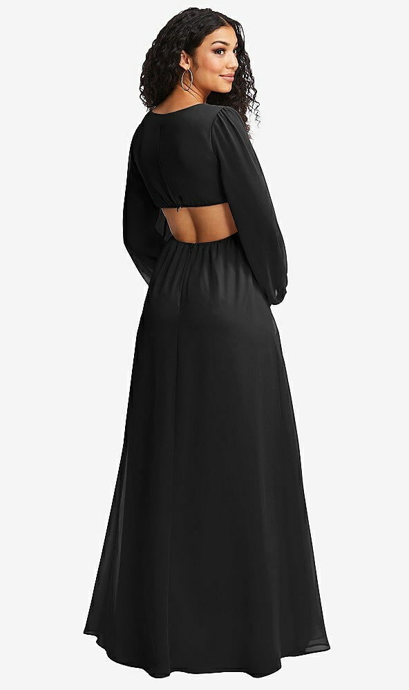 Back View - Black Long Puff Sleeve Cutout Waist Chiffon Maxi Dress 
