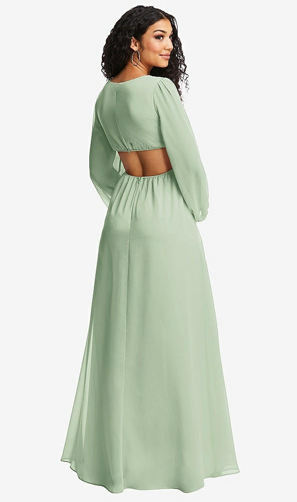 Back View - Celadon Long Puff Sleeve Cutout Waist Chiffon Maxi Dress 