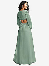 Rear View Thumbnail - Seagrass Long Puff Sleeve Cutout Waist Chiffon Maxi Dress 