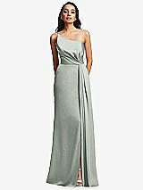 Front View Thumbnail - Willow Green One-Shoulder Draped Skirt Satin Trumpet Gown