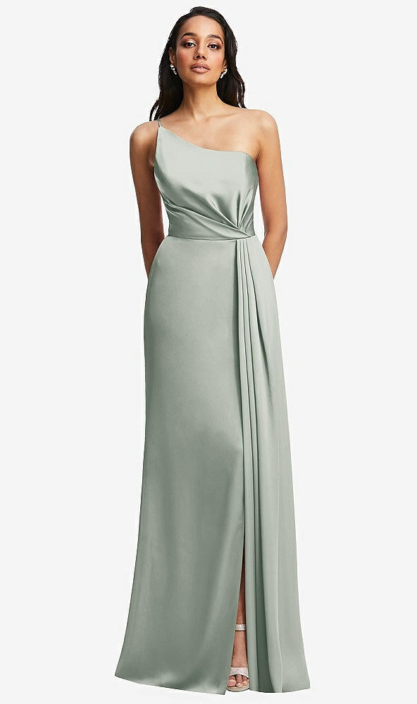 Front View - Willow Green One-Shoulder Draped Skirt Satin Trumpet Gown