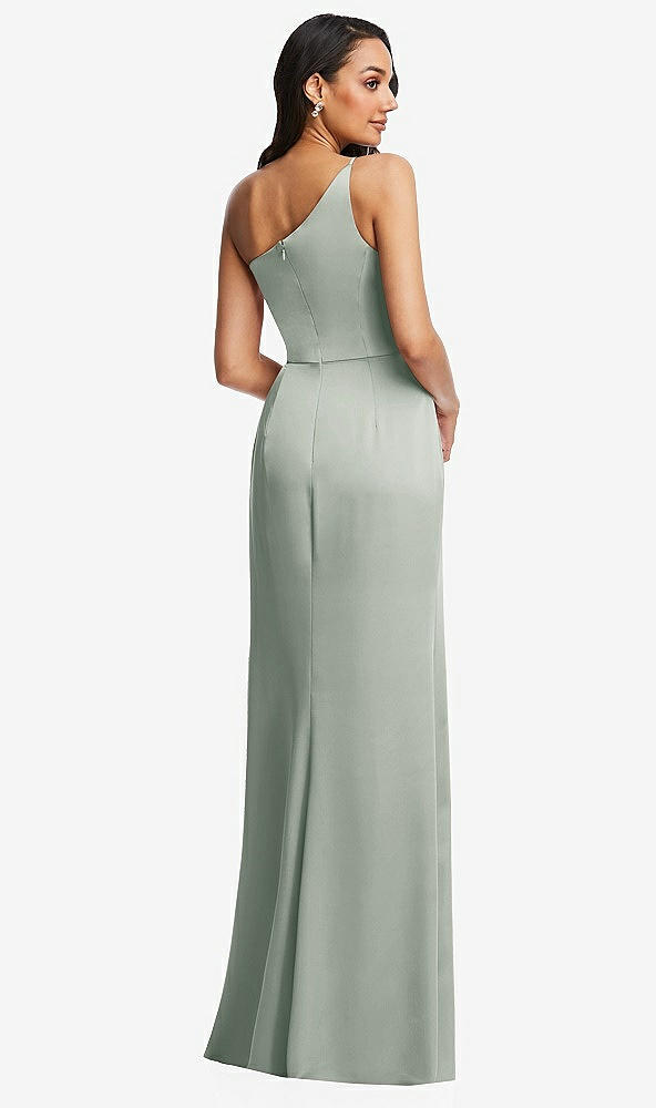Back View - Willow Green One-Shoulder Draped Skirt Satin Trumpet Gown