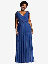 Alt View 1 Thumbnail - Classic Blue Bow-Shoulder Faux Wrap Maxi Dress with Tiered Skirt