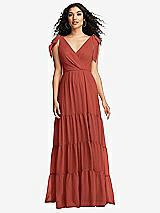 Front View Thumbnail - Amber Sunset Bow-Shoulder Faux Wrap Maxi Dress with Tiered Skirt