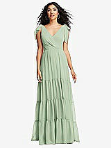 Front View Thumbnail - Celadon Bow-Shoulder Faux Wrap Maxi Dress with Tiered Skirt