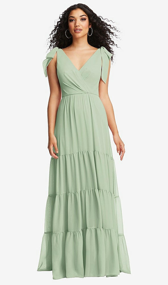 Front View - Celadon Bow-Shoulder Faux Wrap Maxi Dress with Tiered Skirt