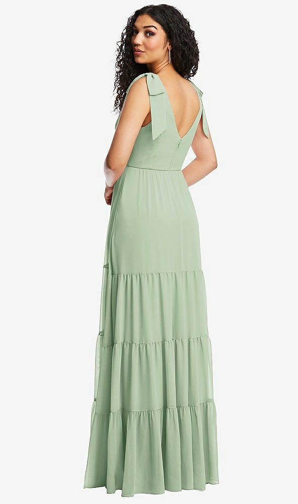 Back View - Celadon Bow-Shoulder Faux Wrap Maxi Dress with Tiered Skirt