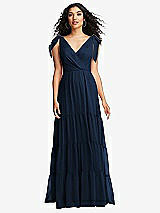 Front View Thumbnail - Midnight Navy Bow-Shoulder Faux Wrap Maxi Dress with Tiered Skirt