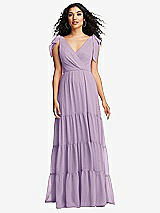 Front View Thumbnail - Pale Purple Bow-Shoulder Faux Wrap Maxi Dress with Tiered Skirt