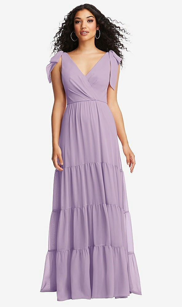 Front View - Pale Purple Bow-Shoulder Faux Wrap Maxi Dress with Tiered Skirt