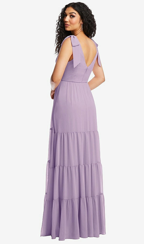 Back View - Pale Purple Bow-Shoulder Faux Wrap Maxi Dress with Tiered Skirt