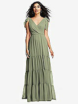 Front View Thumbnail - Sage Bow-Shoulder Faux Wrap Maxi Dress with Tiered Skirt