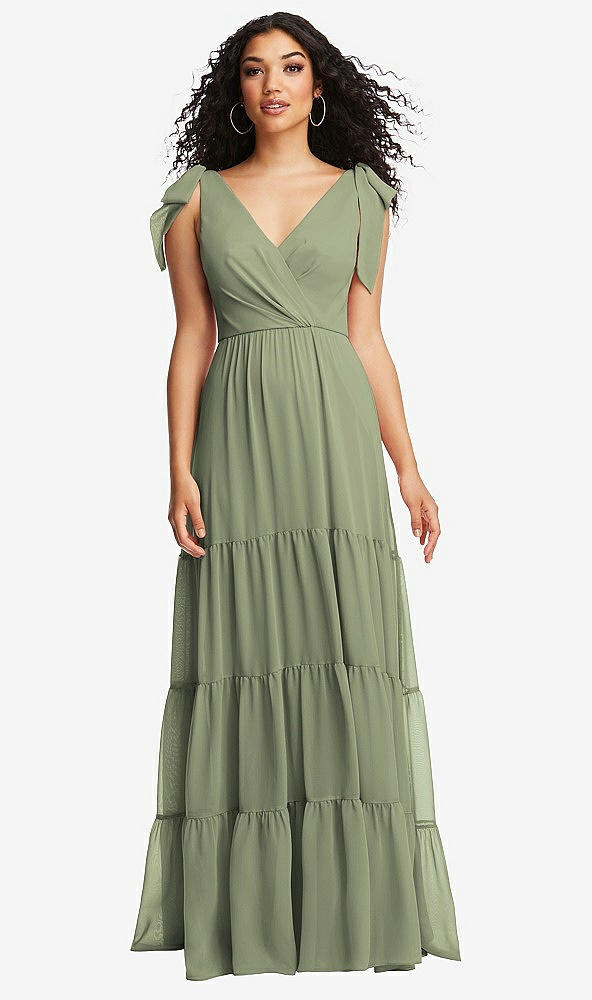 Front View - Sage Bow-Shoulder Faux Wrap Maxi Dress with Tiered Skirt