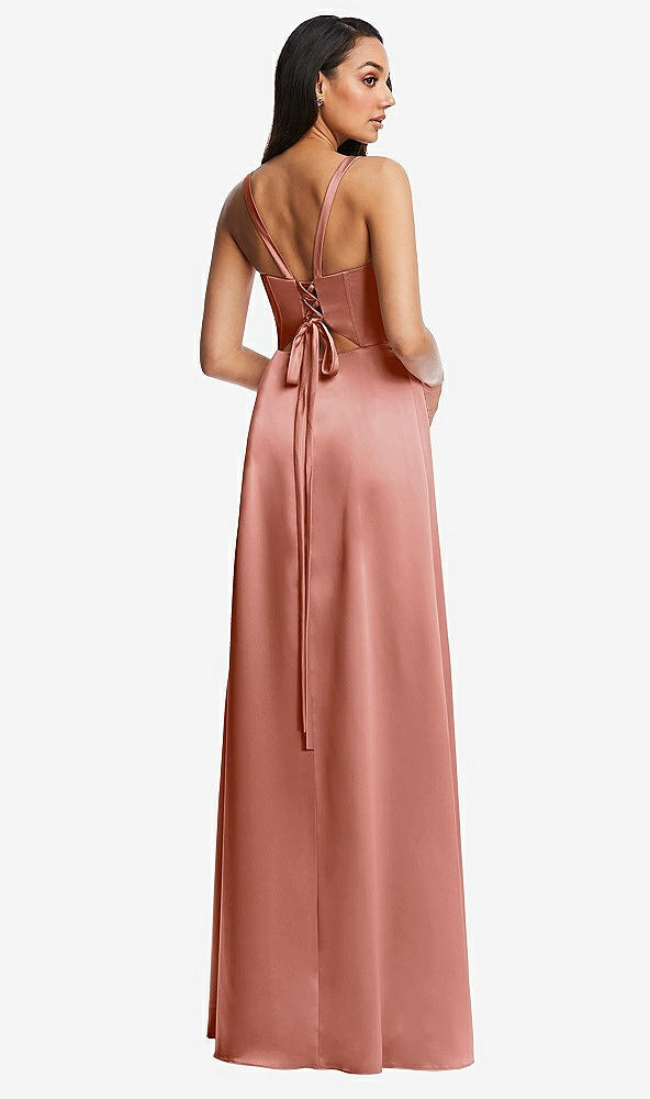 Back View - Desert Rose Lace Up Tie-Back Corset Maxi Dress with Front Slit