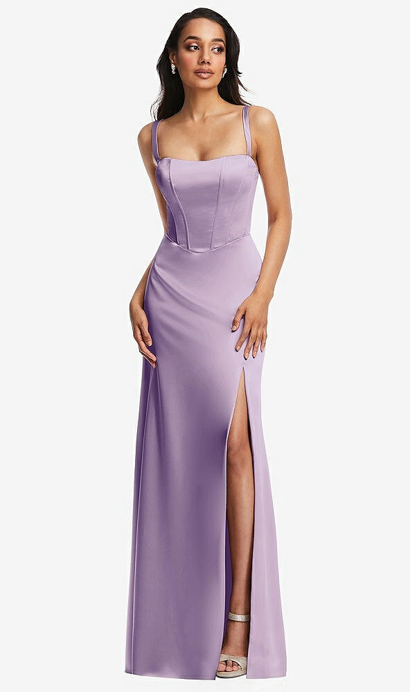 Front View - Pale Purple Lace Up Tie-Back Corset Maxi Dress with Front Slit