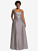Alt View 1 Thumbnail - Cashmere Gray Boned Corset Closed-Back Satin Gown with Full Skirt and Pockets