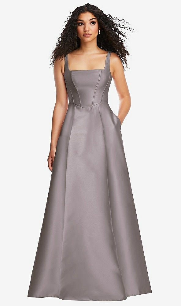 Front View - Cashmere Gray Boned Corset Closed-Back Satin Gown with Full Skirt and Pockets