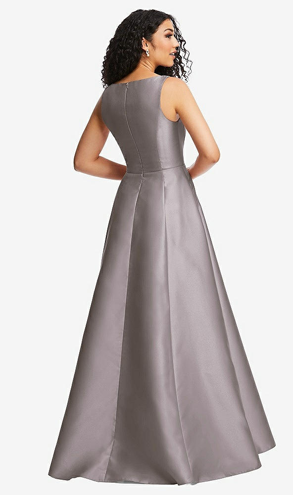 Back View - Cashmere Gray Boned Corset Closed-Back Satin Gown with Full Skirt and Pockets