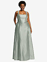 Alt View 1 Thumbnail - Willow Green Boned Corset Closed-Back Satin Gown with Full Skirt and Pockets