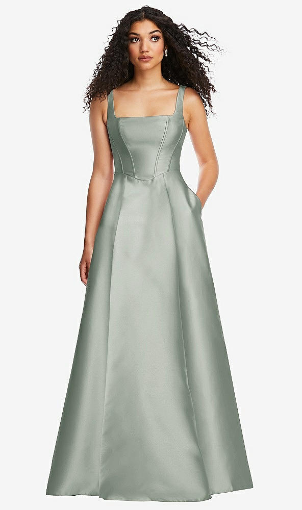 Front View - Willow Green Boned Corset Closed-Back Satin Gown with Full Skirt and Pockets