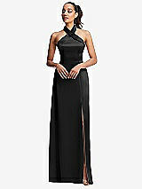 Front View Thumbnail - Black Shawl Collar Open-Back Halter Maxi Dress with Pockets