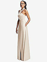 Side View Thumbnail - Oat Shawl Collar Open-Back Halter Maxi Dress with Pockets
