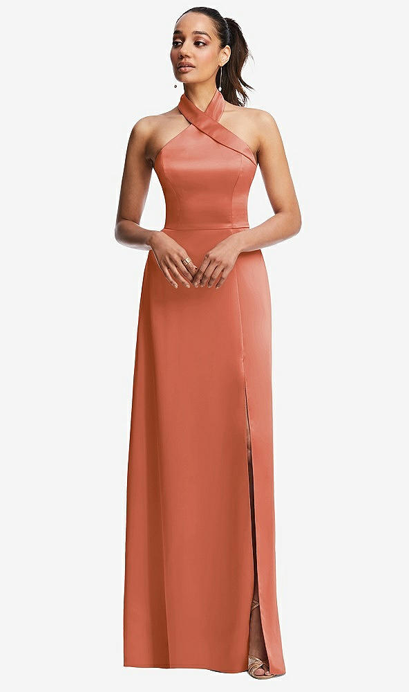 Front View - Terracotta Copper Shawl Collar Open-Back Halter Maxi Dress with Pockets