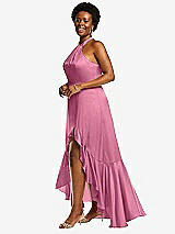 Side View Thumbnail - Orchid Pink Tie-Neck Halter Maxi Dress with Asymmetric Cascade Ruffle Skirt