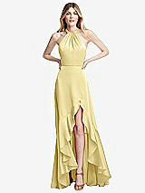 Alt View 1 Thumbnail - Pale Yellow Tie-Neck Halter Maxi Dress with Asymmetric Cascade Ruffle Skirt