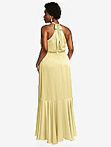 Rear View Thumbnail - Pale Yellow Tie-Neck Halter Maxi Dress with Asymmetric Cascade Ruffle Skirt