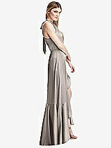 Alt View 2 Thumbnail - Taupe Tie-Neck Halter Maxi Dress with Asymmetric Cascade Ruffle Skirt