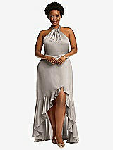 Alt View 4 Thumbnail - Taupe Tie-Neck Halter Maxi Dress with Asymmetric Cascade Ruffle Skirt