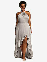 Front View Thumbnail - Taupe Tie-Neck Halter Maxi Dress with Asymmetric Cascade Ruffle Skirt