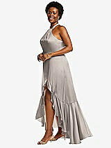Side View Thumbnail - Taupe Tie-Neck Halter Maxi Dress with Asymmetric Cascade Ruffle Skirt