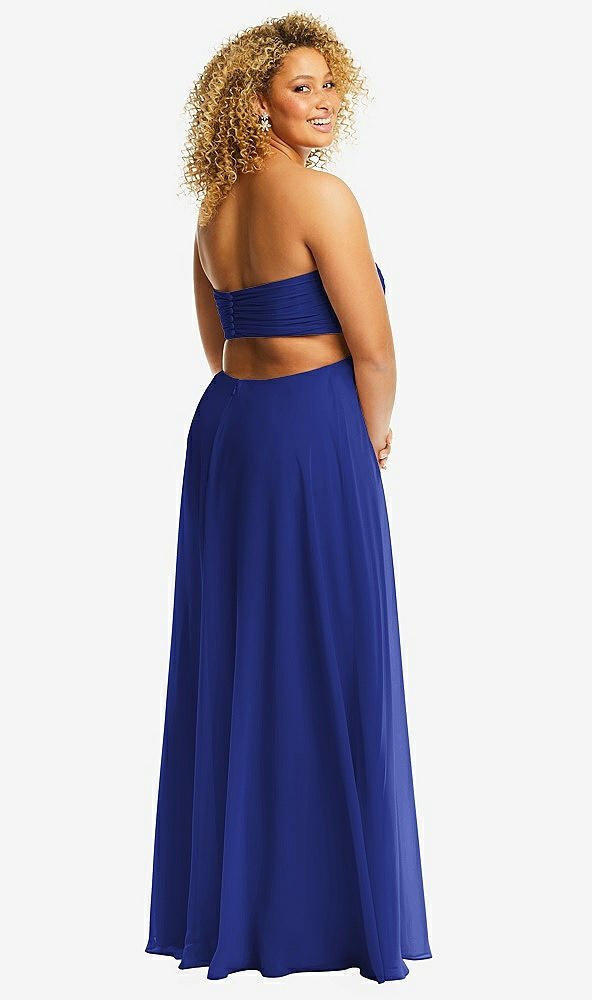 Back View - Cobalt Blue Strapless Empire Waist Cutout Maxi Dress with Covered Button Detail