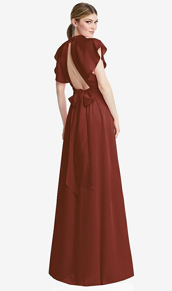 Back View - Auburn Moon Shirred Stand Collar Flutter Sleeve Open-Back Maxi Dress with Sash