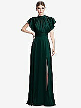 Front View Thumbnail - Evergreen Shirred Stand Collar Flutter Sleeve Open-Back Maxi Dress with Sash