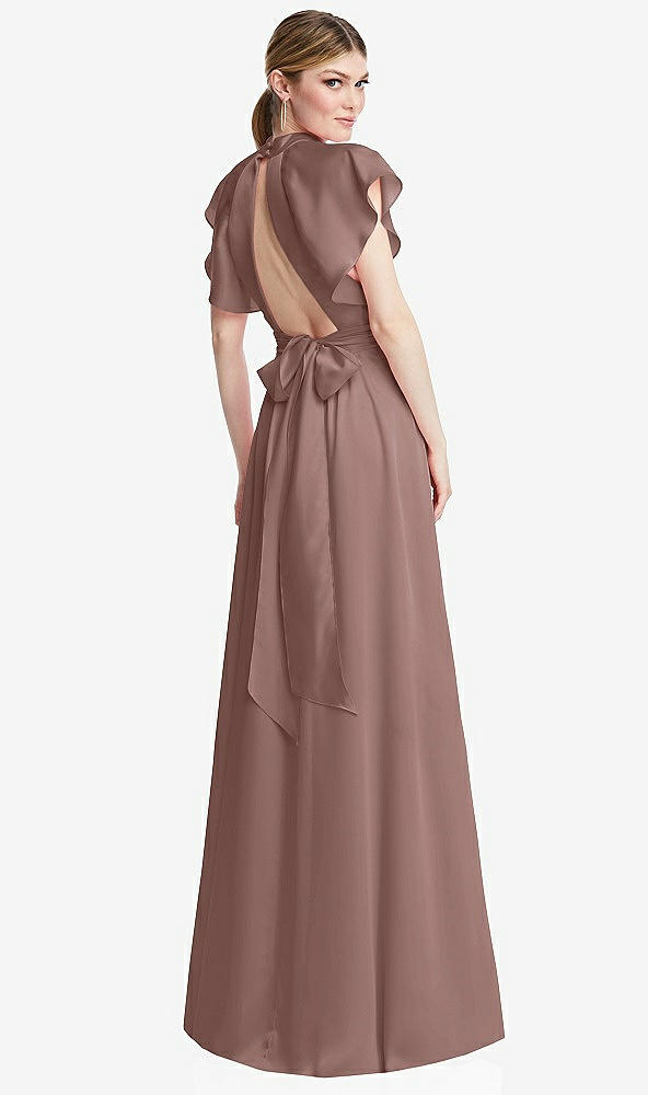 Back View - Sienna Shirred Stand Collar Flutter Sleeve Open-Back Maxi Dress with Sash