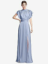 Front View Thumbnail - Sky Blue Shirred Stand Collar Flutter Sleeve Open-Back Maxi Dress with Sash