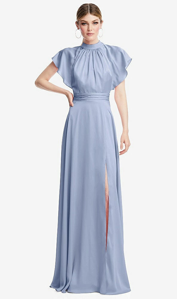 Front View - Sky Blue Shirred Stand Collar Flutter Sleeve Open-Back Maxi Dress with Sash