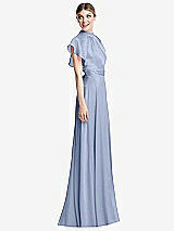 Side View Thumbnail - Sky Blue Shirred Stand Collar Flutter Sleeve Open-Back Maxi Dress with Sash