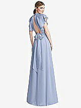 Rear View Thumbnail - Sky Blue Shirred Stand Collar Flutter Sleeve Open-Back Maxi Dress with Sash