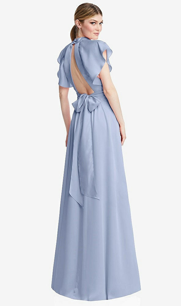 Back View - Sky Blue Shirred Stand Collar Flutter Sleeve Open-Back Maxi Dress with Sash