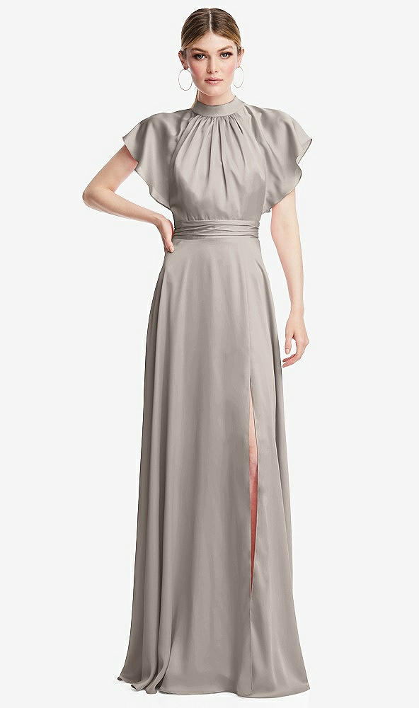 Front View - Taupe Shirred Stand Collar Flutter Sleeve Open-Back Maxi Dress with Sash